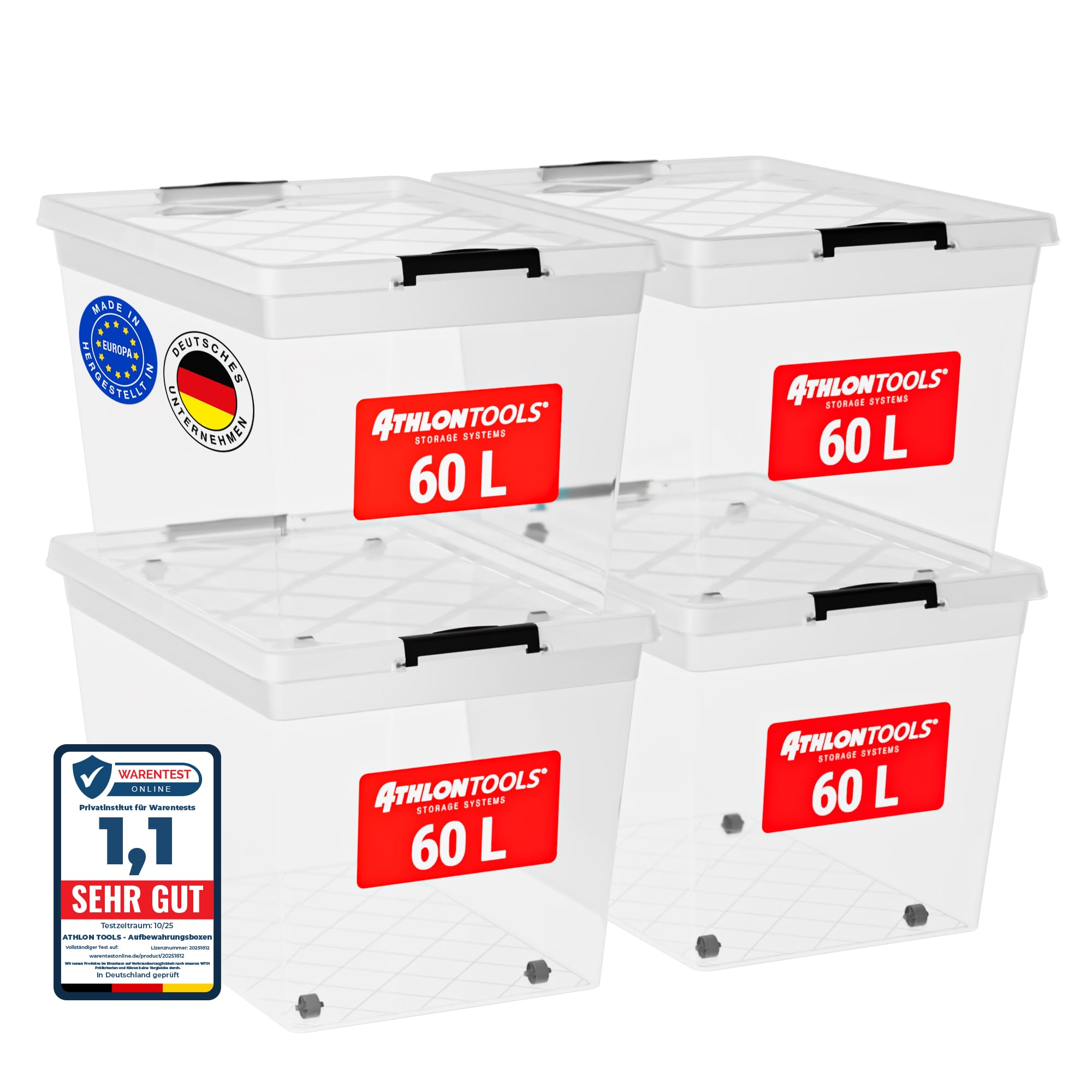  ATHLON TOOLS 4x 60 L Aufbewahrungsboxen für Lebensmittel - Lebensmittelecht - Verschlussclips - 100% Neumaterial - Tran